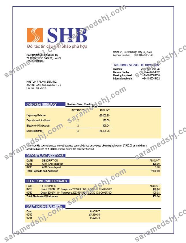 Saigon Hanoi Bank (SHB) organization account statement Word and PDF template